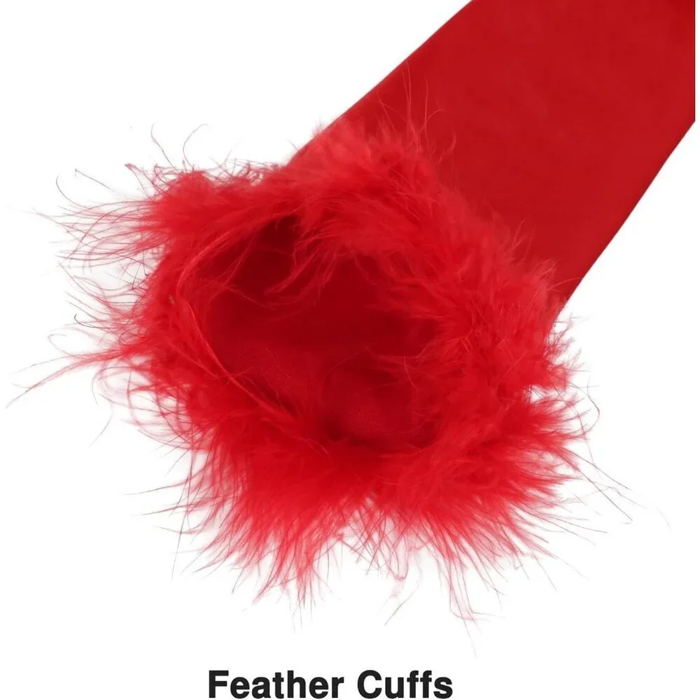 Women's Long Elbow Length Red Satin Feather Trim Evening Gloves Tea Party